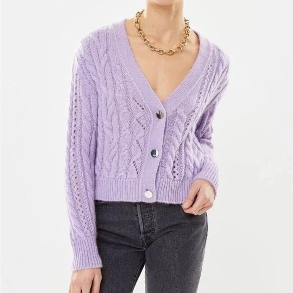 NWT The Kooples Cable Knit V Neck Button Up Cardigan‎ Sweater Lilac Size 3/M-L